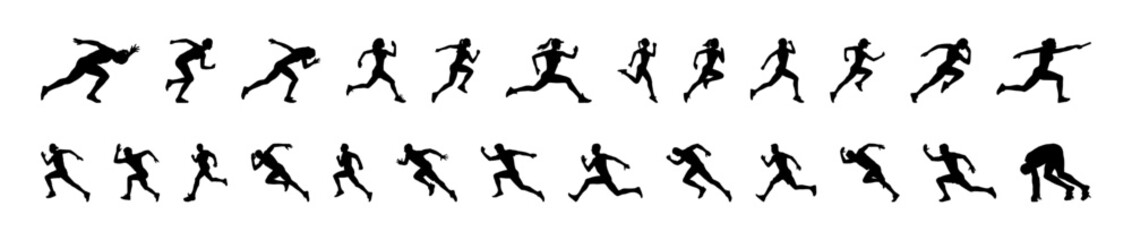 Fototapeta premium running person silhouettes, various poses, running action, action poses, dynamic movement, black and white, minimalist, simple shapes, high contrast 