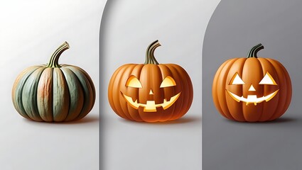 Three Green Pumpkins with One Carved as a Jack-o'-Lantern