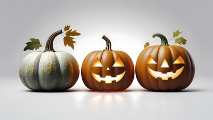 A Group of Three Pumpkins with One Lit as a Jack-o'-Lantern