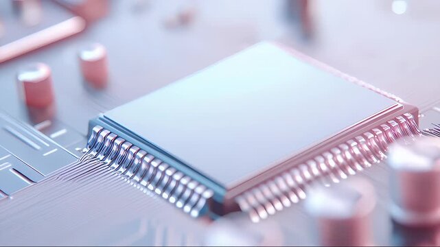 薄紫色の背景にクローズアップされたマイクロチップの集積回路のデザイン、技術的な精度と未来的な外観を示しています