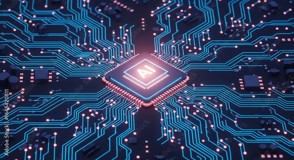 Poster ai processor glowing on circuit board, showcasing technological advancement, artificial intelligence