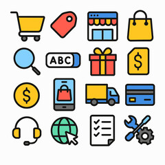 Online shopping icons depict retail e-commerce elements set white background