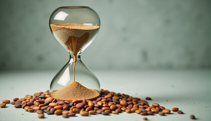 Hourglass with sand surrounded by seeds, concept of time