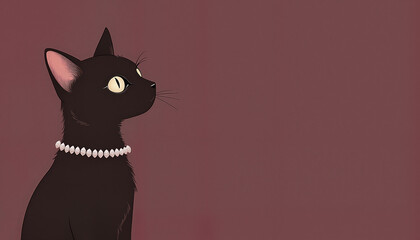 Elegant black cat with diamond collar, right aligned, with space for text