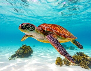 Obraz premium Sea turtle gliding through turquoise waters, sunlight streaming from surface,