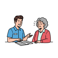 Consultation with Elderly: A helpful younger man and an elderly woman engaged in consultation or discussion. Focused on conveying approachability and reliability in providing support.