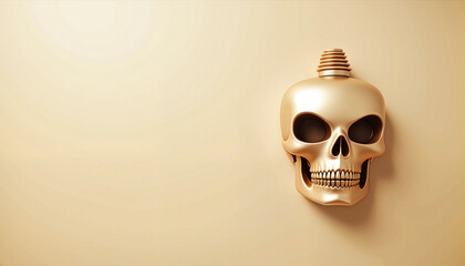 Skull shaped gold bottle on beige, with space for text