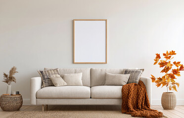 Blank frame for wall art mockup in white living room with neutral tones autumn decor and beige sofa.