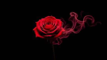 Abstract art showcases a red rose dissolving into vibrant smoke symbolizing love passion and transformation against a black background