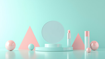 A horizontal cosmetic mockup, centered on a pastel turquoise surface. 