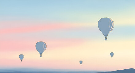 Obraz premium Minimalist hot air balloons in pastel skies, crystal-clear distant view