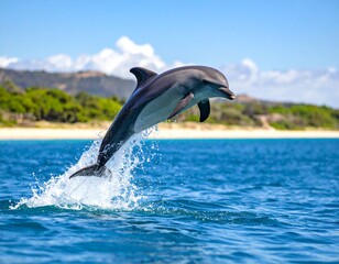 Fototapeta premium Dolphin jumping out of turquoise water, splash frozen mid-air in 4K clarity, tropica