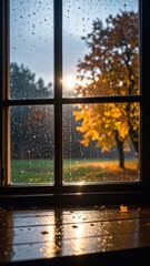 雨の日の窓辺と秋の景色、温もりのあるひととき

