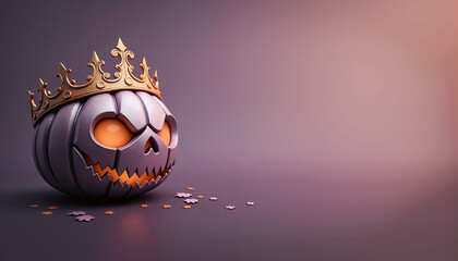 Elegant jack o'lantern with golden crown on a gradient background, with space for text
