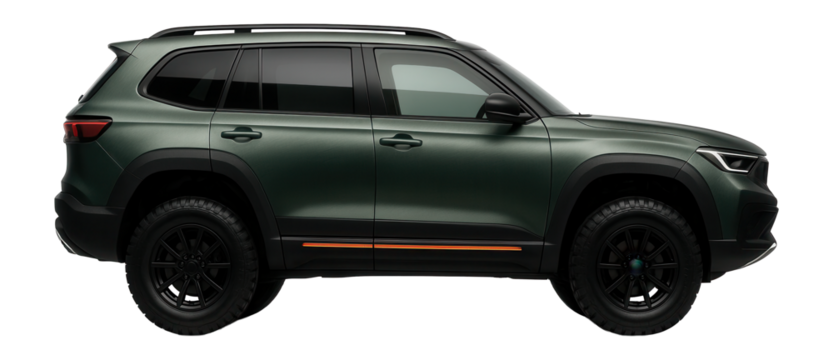 Off-road crossover with raised suspension and protective underbody cladding