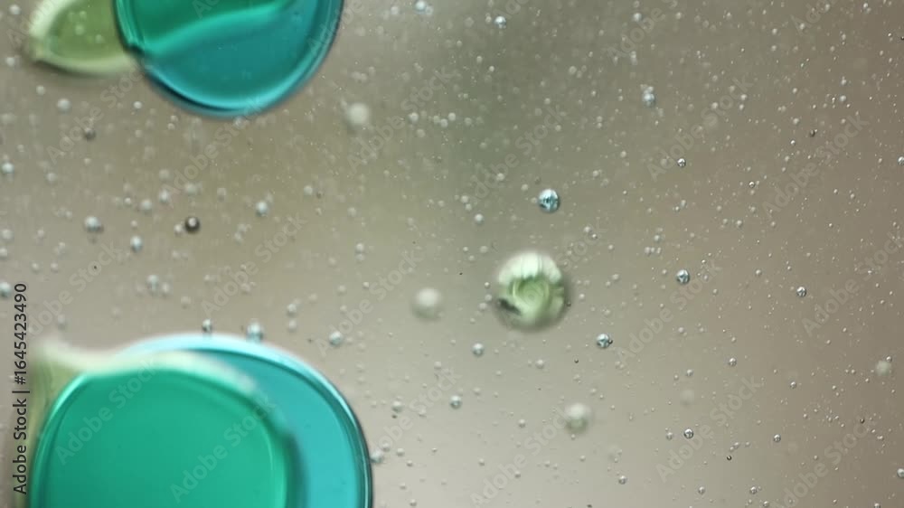 Poster close-up of blue and green liquid with floating bubbles and blobs in motion inside a lava lamp, view