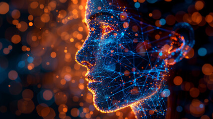 Blue networked human face with orange bokeh background, great for technology, communication, digital innovation, social media, and networking concepts.