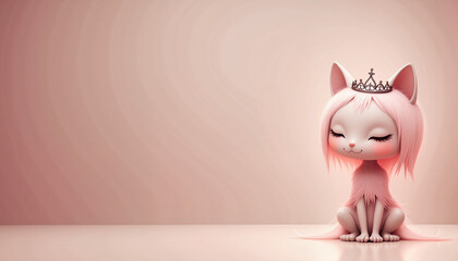 Pink cat with crown sits against soft pink background with space for text