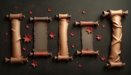 Antique scrolls with maple leaves on dark backdrop, with space for text