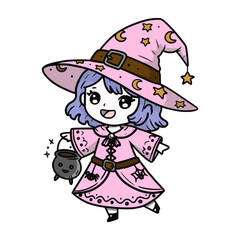 Cute Witch Girl with a Cauldron and Pink Magical Dress