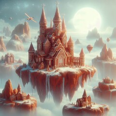 A gingerbread castle in an ethereal land of floating islands