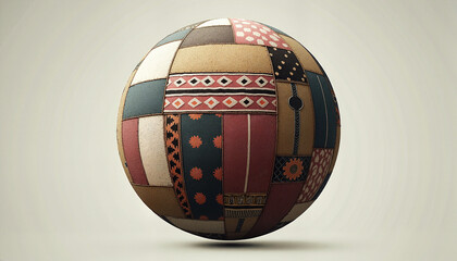 Stylized sphere with patchwork textile pattern in neutral space, with space for text