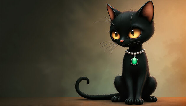 Black cat cartoon wearing emerald pendant, sitting with space for text