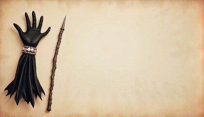 Witch glove and wand on parchment background, with space for text