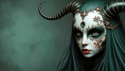 Woman with ornate mask and horns, fantasy theme with space for text