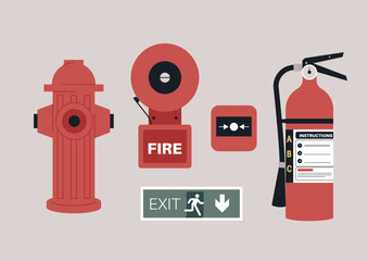Engaging illustration featuring key firefighting tools including a hydrant, alarm system, a fire extinguisher, and an exit sign, promoting awareness of fire safety measures