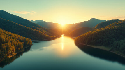 Serene Sunset Over Tranquil Lake Surrounded by Lush Green Mountains and Reflections in Calm Waters