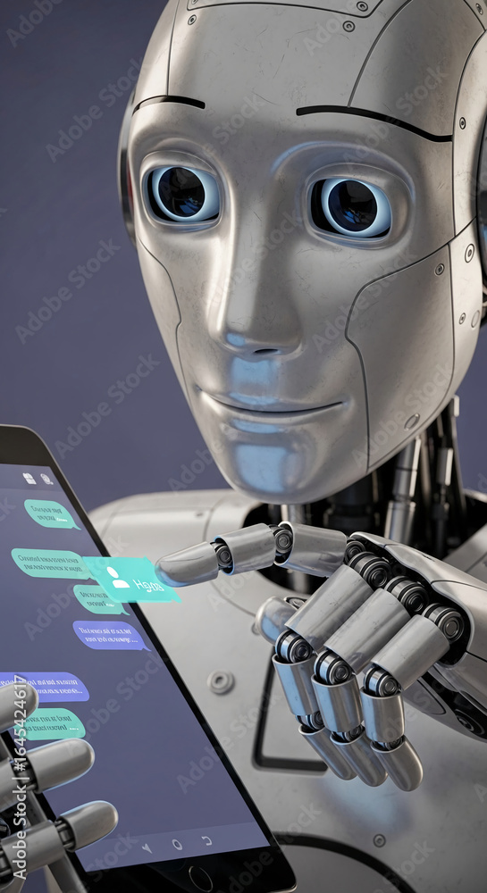 Poster close-up of metallic robot using smartphone, showcasing technological advancement and ai interaction