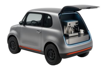 Compact electric vehicle with rear hatch coffee service area
