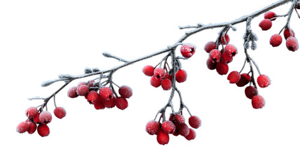 branch with vibrant red berries coated in dusting of frost isolated on white background