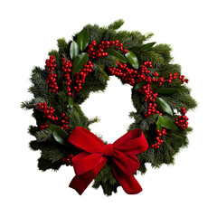  festive Christmas wreath adorned with red bow and berries,  holiday season  isolated on white background