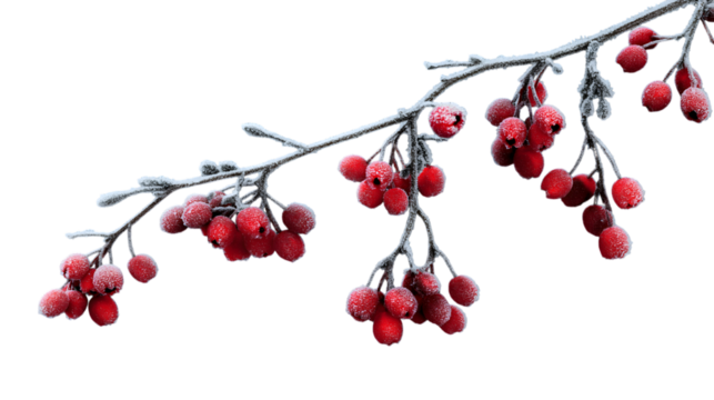  branch with vibrant red berries coated in dusting of frost  isolated on white background