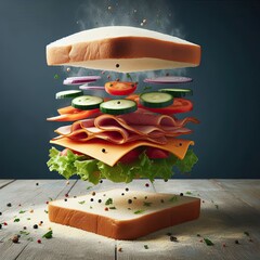 A levitating sandwich filled with ingredients that float inside the bread