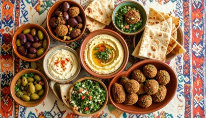 Fototapeta premium A vibrant flat lay of a traditional Lebanese mezze platter featuring hummus, falafel, tabbouleh, olives, and fresh pita bread.