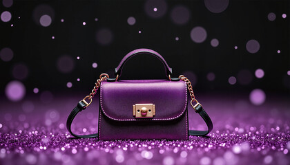 Small violet purse with golden hardware on glittering surface
