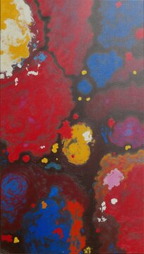 Ok Modern art close-up of a colorful nonfigurative painting featuring abstract stains and textured brushwork