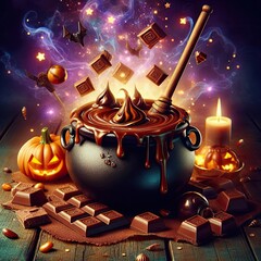 A magical chocolate cauldron bubbling with molten caramel spells