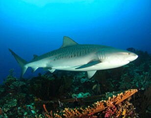 Tiger shark swimming in crystal-clear ocean, sunlight creating patterns on body, 