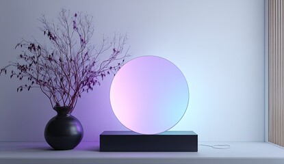 Minimalist scene  A glowing pastel-hued circular light rests on a dark base beside a dark vase holding dried branches against a white backdrop