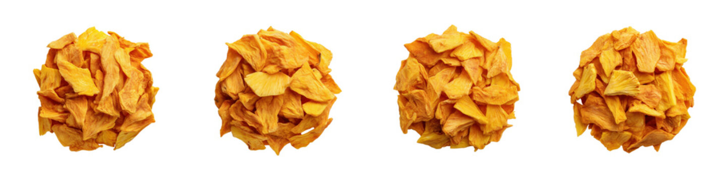 Four distinct mounds of orange and yellow dried pineapple slices dehydrated tropical fruit chunks displayed isolate
