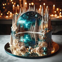 A mirror-glazed cake reflecting an enchanted night sky