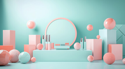 A horizontal cosmetic mockup, centered on a pastel turquoise surface. 
