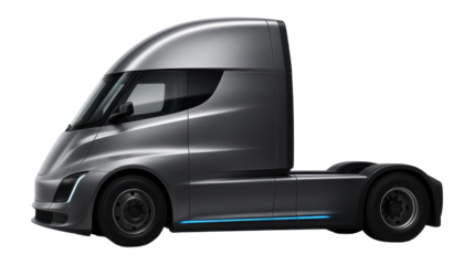 Electric truck cab with a sleek profile and integrated side cameras instead of mirrors