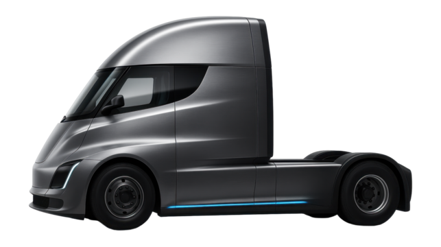 Electric truck cab with a sleek profile and integrated side cameras instead of mirrors