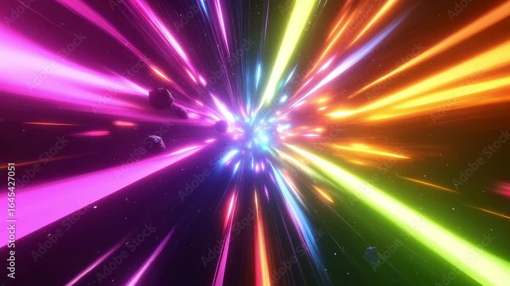 Poster dynamic light beams and asteroids rush through a cosmic tunnel filled with vibrant colors and a sens