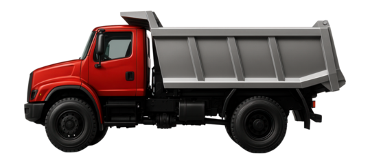 Tractor unit with a heavy-duty dump bed and bright red paint finish